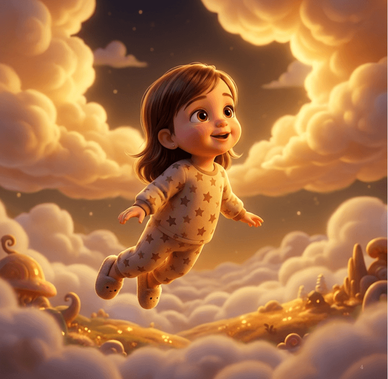 A child illustrated in a warm bedtime dream scene